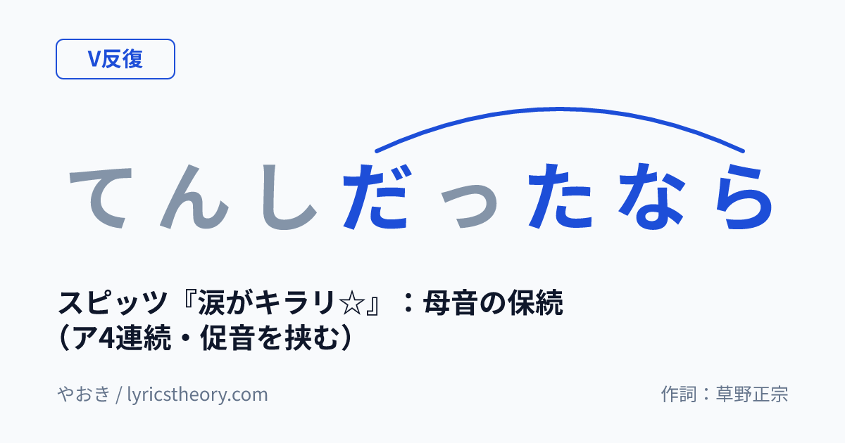 図: スピッツ『涙がキラリ☆』:母音の保続(ア4連続・促音を挟む)