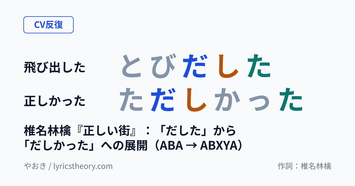図: 椎名林檎『正しい街』：「だした」から「だしかった」への展開（ABA → ABXYA）